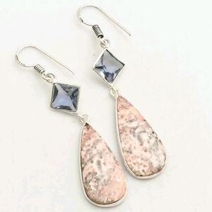 Leopard Skin Jasper, Amethyst Gemstone 925 Sterling Silver Drop Dangle Earrings